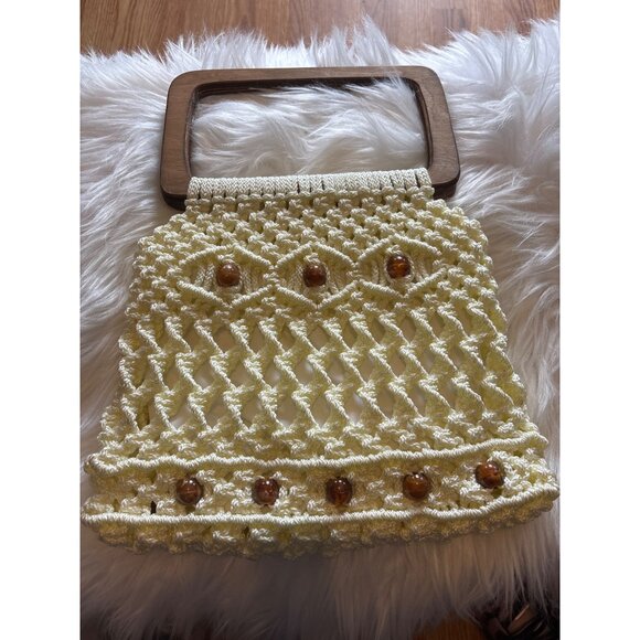 VTG 1970s Macrame Purse Wooden Handle, Beads Festival Boho Hippie Cottage Core - Picture 5 of 9